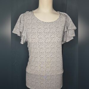 ​Adrianna Papell Double Flutter Sleeve Abstract Printed Top White Black Size L